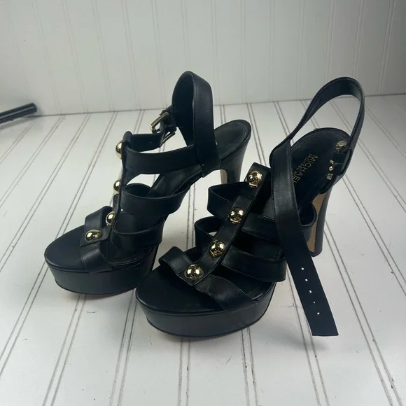 Michael Kors Gideon T-Strap Platform Heels Black Leather Studded Women Size 7.5M - Picture 8 of 8